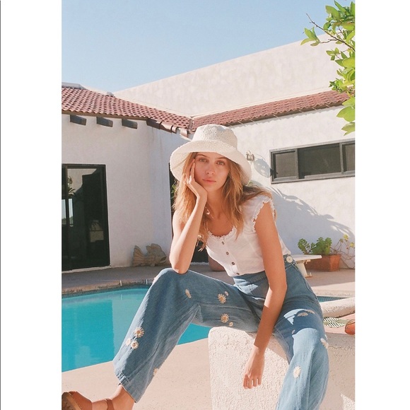 Free People Embroidered Flower Jeans Wide Legs - Picture 5 of 5